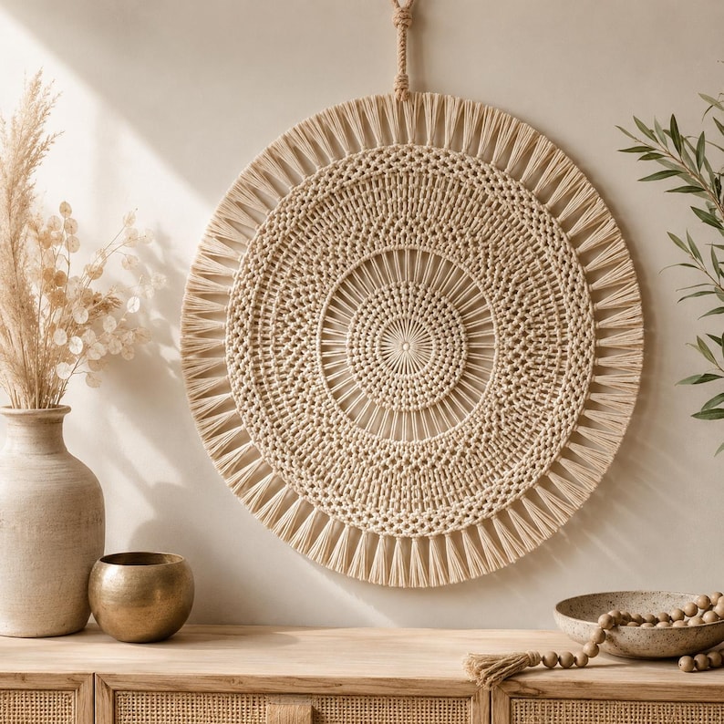 May include: A circular macrame wall hanging featuring intricate knotted patterns in a natural beige cord. The design consists of concentric circles with a central point, radiating spokes, and a fringed outer edge, suspended by a braided cord loop.