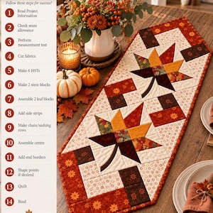 May include: A quilting pattern titled Autumn Harvest Maple Leaf Table Runner featuring instructions for a table runner with a patchwork design of two large maple leaves in shades of orange, yellow, and brown, surrounded by floral fabric borders.