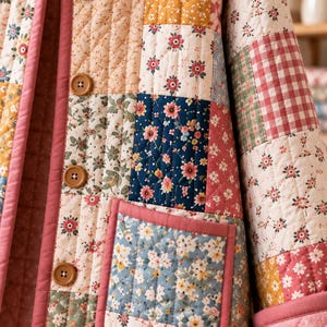 K&ouml;nnte beinhalten: Eine gesteppte Jacke mit einem Patchwork-Design aus verschiedenen Blumen- und Vichy-Karomustern in Rosa-, Blau-, Gelb- und Gr&uuml;nt&ouml;nen. Das Kleidungsst&uuml;ck hat einen einfarbigen rosa Saum, vier braune Kn&ouml;pfe auf der Vorderseite und eine aufgesetzte Tasche.