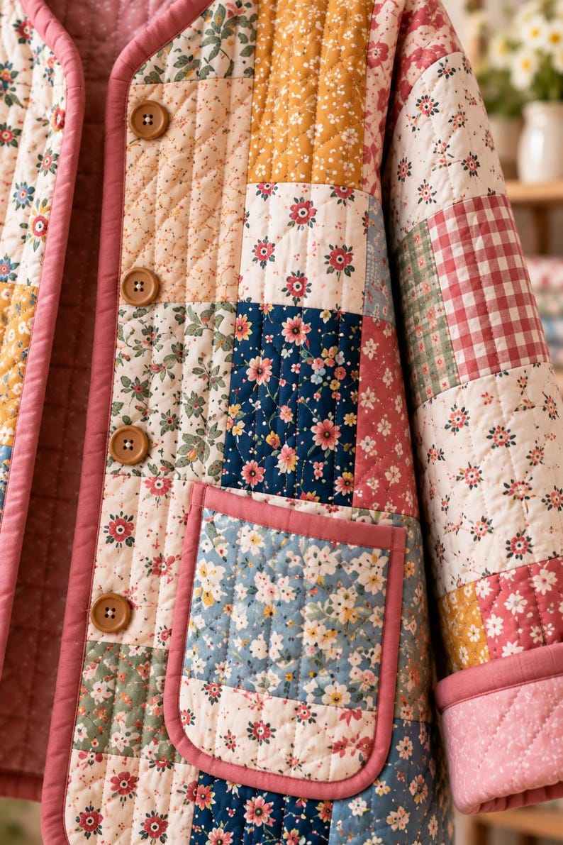 K&ouml;nnte beinhalten: Eine gesteppte Jacke mit einem Patchwork-Design aus verschiedenen Blumen- und Vichy-Karomustern in Rosa-, Blau-, Gelb- und Gr&uuml;nt&ouml;nen. Das Kleidungsst&uuml;ck hat einen einfarbigen rosa Saum, vier braune Kn&ouml;pfe auf der Vorderseite und eine aufgesetzte Tasche.