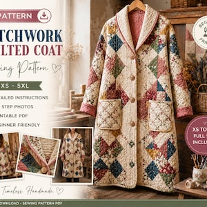 Pode incluir: Um molde de costura para casaco acolchoado de patchwork com um design de blocos quadrados multicoloridos e padrões florais em vermelho, azul, verde e creme. O texto diz PDF PATTERN, PATCHWORK QUILTED COAT, Sewing Pattern, SIZE: XS - 5XL, BEGINNER FRIENDLY.