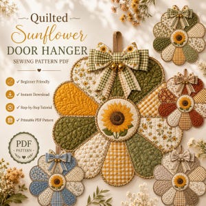 May include: A digital sewing pattern PDF for a quilted sunflower door hanger. The image displays multiple fabric sunflower designs in various colors, each featuring a central sunflower motif, quilted petals, and a decorative fabric bow at the top.