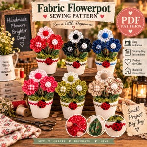 Puede incluir: Un patrón de costura para macetas de tela con seis flores de tela en macetas de varios colores como rojo, azul, negro y verde. Cada maceta está decorada con una mariquita. La imagen incluye texto, un icono de PDF y herramientas.
