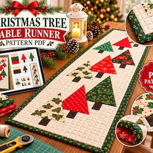 May include: A quilted Christmas tree table runner featuring a cream background with a grid pattern and appliqued triangular trees in red, green, and holly prints. The runner has a dark green border and includes a digital PDF pattern.