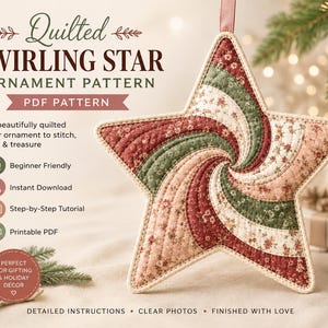 May include: A quilted star ornament featuring a swirling pattern of red, green, and cream floral fabrics. The text reads: Quilted Swirling Star Ornament Pattern PDF Pattern, Beginner Friendly, Instant Download, Step-by-Step Tutorial, Printable PDF.