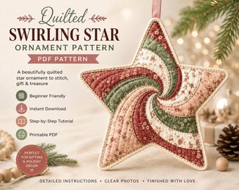 Gestepptes Sternenornament-Muster | Spiralstern-Quilt (PDF) | Weihnachtliches Nähmuster mit Vorlagen in Originalgröße