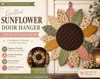 Nähanleitung für einen gesteppten Sonnenblumen-Türhänger (PDF) | Sonnenblumen-Wandbehang aus Stoff, Herbstliche Türdekoration, Herbstliche Wohnaccessoires
