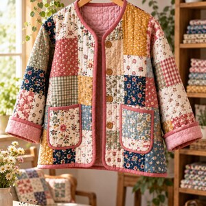 K&ouml;nnte beinhalten: Eine lang&auml;rmelige Steppjacke mit einem Patchwork-Design aus verschiedenen Blumen- und Vichy-Mustern in Rosa-, Gelb-, Blau- und Gr&uuml;nt&ouml;nen. Die Jacke hat einen Rundhalsausschnitt, vier braune Kn&ouml;pfe und zwei aufgesetzte Vordertaschen mit rosa Paspelierung.