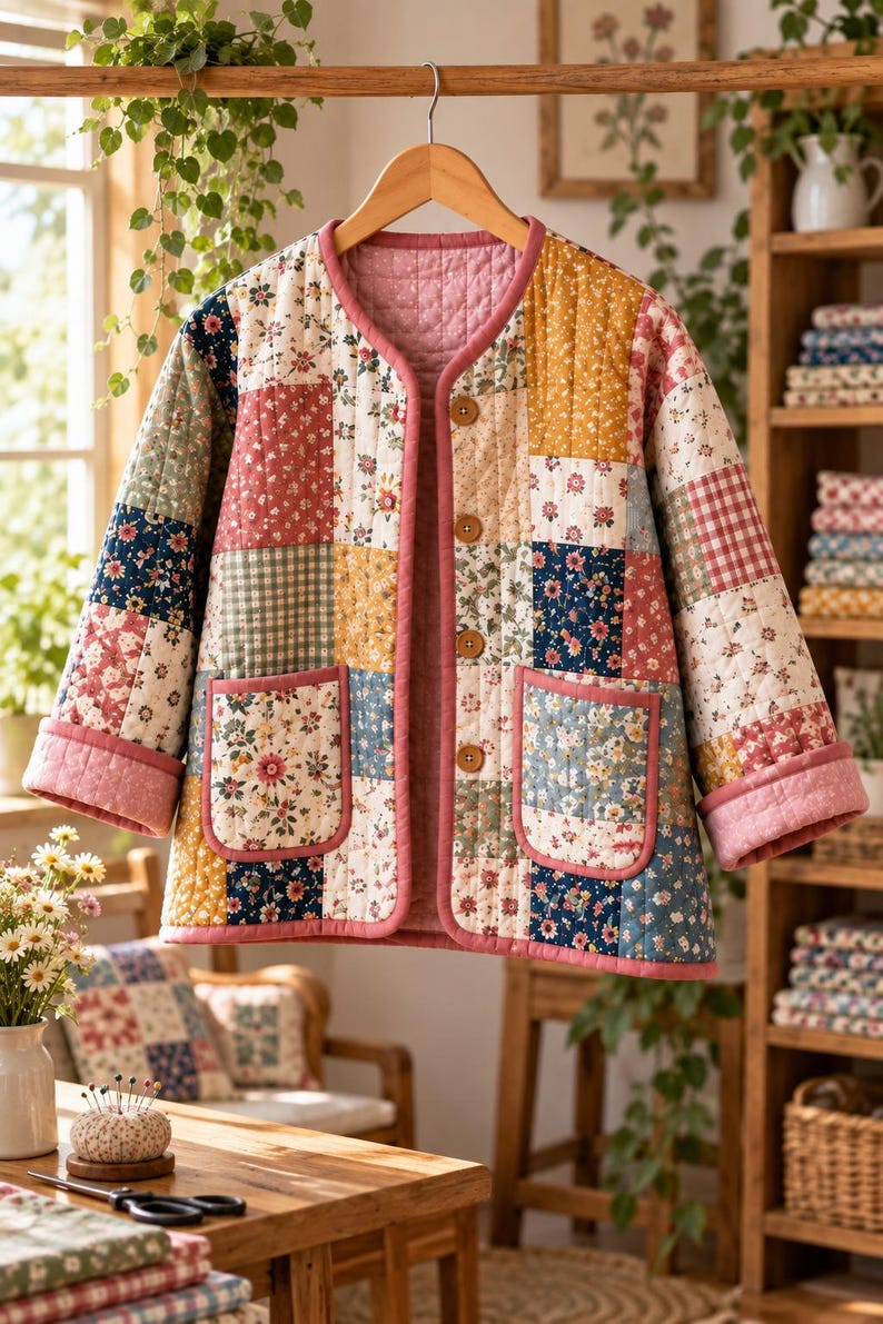 K&ouml;nnte beinhalten: Eine lang&auml;rmelige Steppjacke mit einem Patchwork-Design aus verschiedenen Blumen- und Vichy-Mustern in Rosa-, Gelb-, Blau- und Gr&uuml;nt&ouml;nen. Die Jacke hat einen Rundhalsausschnitt, vier braune Kn&ouml;pfe und zwei aufgesetzte Vordertaschen mit rosa Paspelierung.