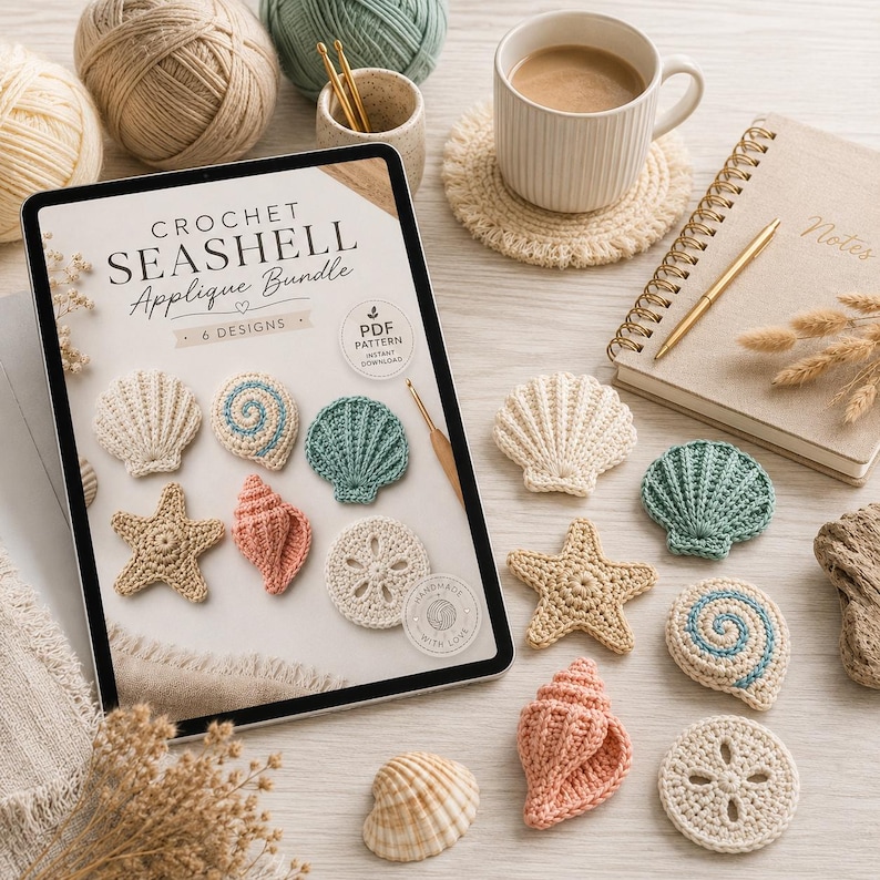 May include: A tablet displaying a digital crochet pattern titled Crochet Seashell Applique Bundle with six designs, accompanied by physical crocheted seashell, starfish, and sand dollar appliques in cream, teal, and peach yarn colors.