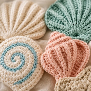 May include: A collection of five crocheted seashell shapes in various colors including cream, sage green, soft pink, and tan. Each piece features textured ribbed or spiral patterns created with yarn, showcasing detailed hand-stitched craftsmanship.