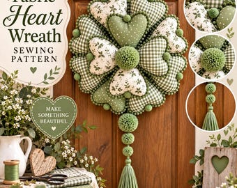 Nähanleitung für einen Herzkranz aus Stoff (PDF) | Türhänger in Herzform mit Pomponquaste | Wandbehang in Herzform aus Patchwork in Salbeigrün