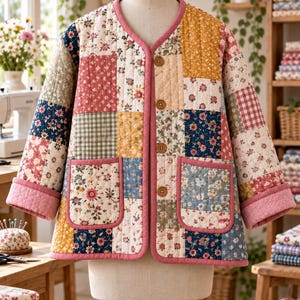 K&ouml;nnte beinhalten: Eine gesteppte Jacke mit einem Patchwork-Design aus verschiedenen Blumen- und Vichy-Karomustern in Rosa-, Blau-, Gelb- und Gr&uuml;nt&ouml;nen. Die Jacke hat einen rosafarbenen Saum, vier braune Kn&ouml;pfe auf der Vorderseite und zwei gro&szlig;e aufgesetzte Taschen.