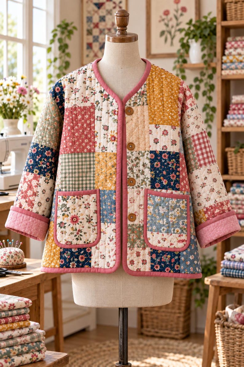 K&ouml;nnte beinhalten: Eine gesteppte Jacke mit einem Patchwork-Design aus verschiedenen Blumen- und Vichy-Karomustern in Rosa-, Blau-, Gelb- und Gr&uuml;nt&ouml;nen. Die Jacke hat einen rosafarbenen Saum, vier braune Kn&ouml;pfe auf der Vorderseite und zwei gro&szlig;e aufgesetzte Taschen.