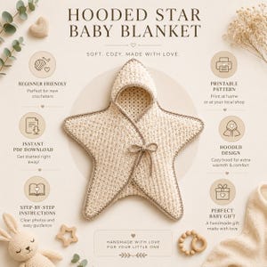 May include: A cream-colored, star-shaped hooded baby blanket with a textured crochet stitch and a brown border. The blanket features a central hood and a tie closure. Text on the image reads: HOODED STAR BABY BLANKET, SOFT, COZY, MADE WITH LOVE.