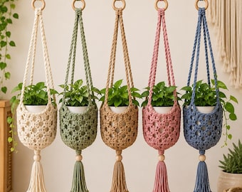 Crochet Hanging Plant Holder Pattern PDF, Boho Plant Hanger Basket Tutorial, Indoor Plant Holder DIY Decor, Beginner Friendly