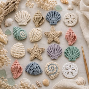 May include: A collection of sixteen crocheted sea life appliques including various seashells, starfish, and sand dollars in shades of cream, beige, blue, pink, and lavender, arranged in a grid with a wooden crochet hook positioned on the right side.