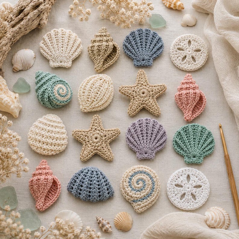May include: A collection of sixteen crocheted sea life appliques including various seashells, starfish, and sand dollars in shades of cream, beige, blue, pink, and lavender, arranged in a grid with a wooden crochet hook positioned on the right side.