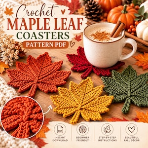 Patrón de posavasos de hoja de arce a crochet en PDF, patrón de posavasos de hojas de otoño, decoración de crochet otoñal, posavasos de mesa de Acción de Gracias, crochet fácil