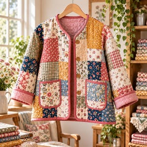 K&ouml;nnte beinhalten: Eine gesteppte Jacke mit einem Patchwork-Design aus verschiedenen Blumen- und Vichy-Karomustern in Rosa-, Blau-, Gelb- und Gr&uuml;nt&ouml;nen. Die Jacke hat einen runden Ausschnitt, lange &Auml;rmel, zwei aufgesetzte Vordertaschen und vier braune Kn&ouml;pfe.