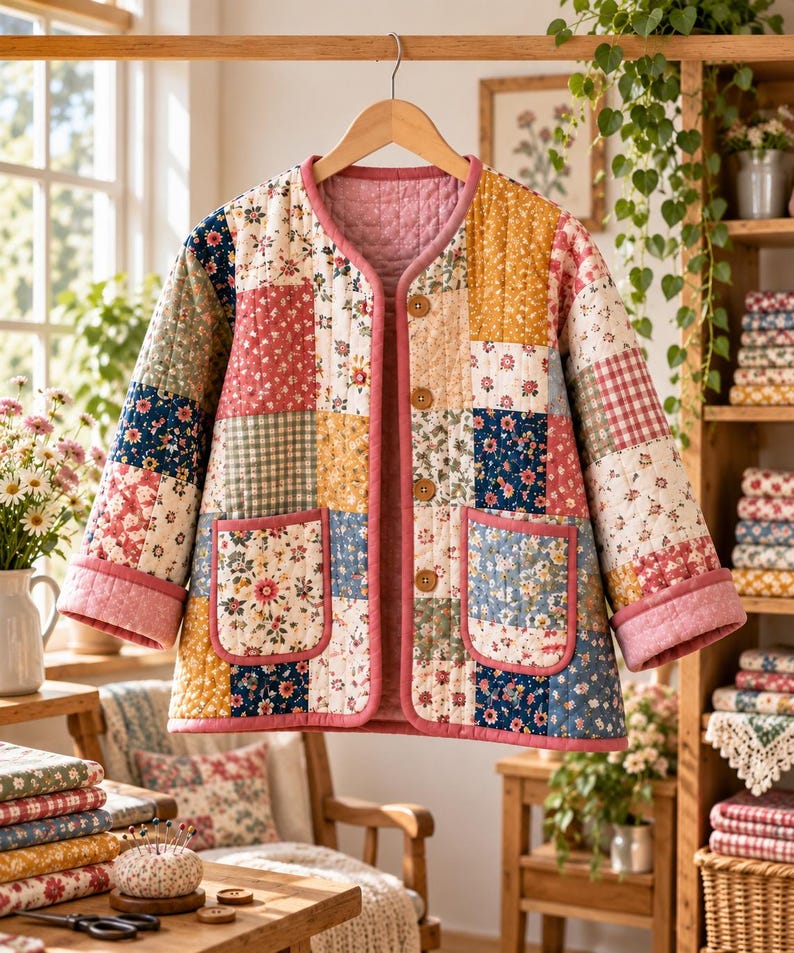 K&ouml;nnte beinhalten: Eine gesteppte Jacke mit einem Patchwork-Design aus verschiedenen Blumen- und Vichy-Karomustern in Rosa-, Blau-, Gelb- und Gr&uuml;nt&ouml;nen. Die Jacke hat einen runden Ausschnitt, lange &Auml;rmel, zwei aufgesetzte Vordertaschen und vier braune Kn&ouml;pfe.
