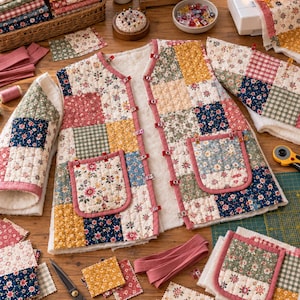 K&ouml;nnte beinhalten: Eine gesteppte Weste aus Patchwork-Stoff mit verschiedenen Blumen- und Vichy-Mustern in Rosa-, Gelb-, Blau- und Gr&uuml;nt&ouml;nen. Die Weste hat ein wei&szlig;es Fleecefutter, zwei Vordertaschen und wird mit kleinen Kunststoffklammern zusammengehalten.