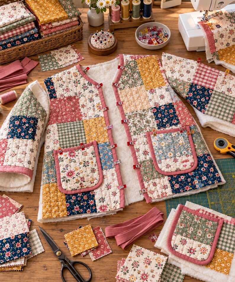 K&ouml;nnte beinhalten: Eine gesteppte Weste aus Patchwork-Stoff mit verschiedenen Blumen- und Vichy-Mustern in Rosa-, Gelb-, Blau- und Gr&uuml;nt&ouml;nen. Die Weste hat ein wei&szlig;es Fleecefutter, zwei Vordertaschen und wird mit kleinen Kunststoffklammern zusammengehalten.