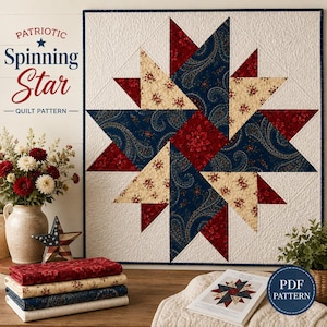 May include: A square quilt featuring a central spinning star design in red, navy blue, and cream floral and paisley patterns. The text Patriotic Spinning Star Quilt Pattern is visible in the upper left corner, and a PDF Pattern label is in the lower right.
