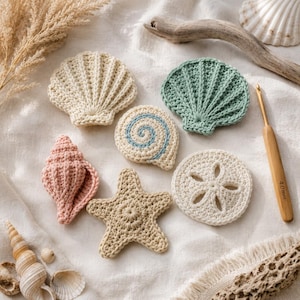 Crochet Seashell Appliqué Pattern Bundle PDF | 6 Coastal Shell Designs, Starfish & Conch | Beach Crochet Set, Digital Download English image 2