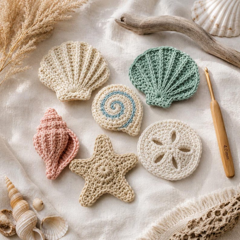Crochet Seashell Appliqué Pattern Bundle PDF | 6 Coastal Shell Designs, Starfish & Conch | Beach Crochet Set, Digital Download English image 2