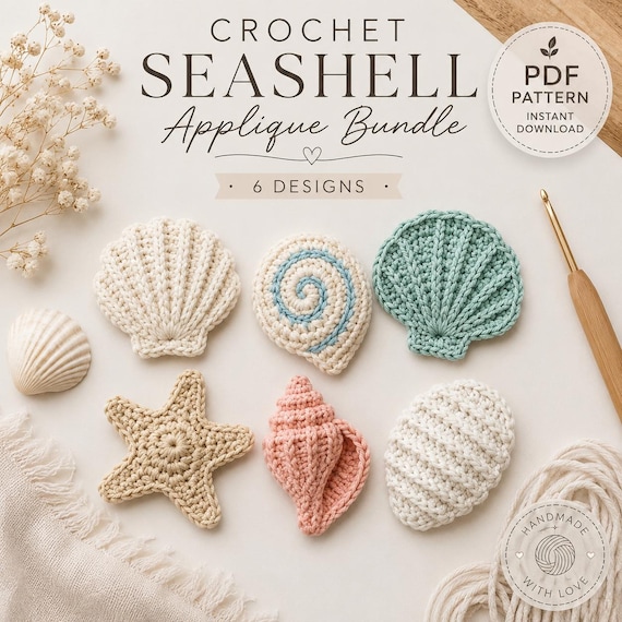 Crochet Seashell Appliqué Pattern Bundle PDF | 6 Coastal Shell Designs, Starfish & Conch | Beach Crochet Set, Digital Download English