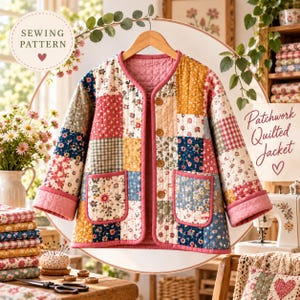 Puede incluir: Una chaqueta acolchada de manga larga con un diseño de patchwork de varios patrones florales y de cuadros en tonos rosa, azul, amarillo y blanco. La chaqueta tiene un cuello redondo, cuatro botones marrones y dos bolsillos delanteros con borde rosa.