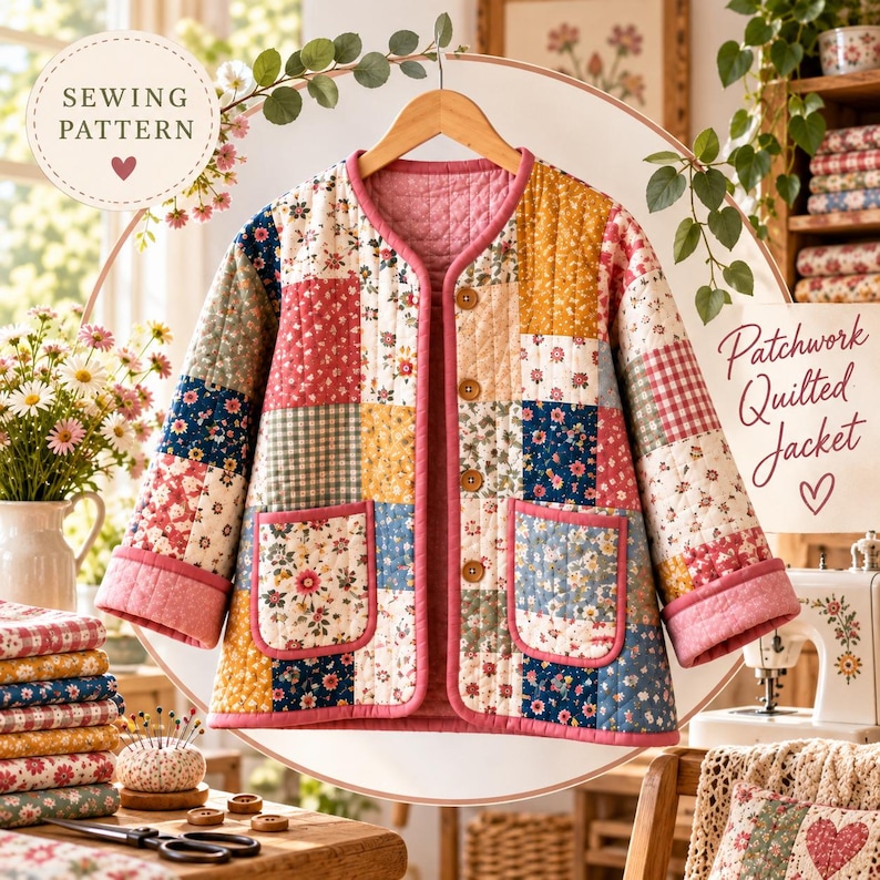 K&ouml;nnte beinhalten: Eine lang&auml;rmelige Steppjacke mit einem Patchwork-Design aus verschiedenen Blumen- und Vichy-Mustern in Rosa-, Blau-, Gelb- und Wei&szlig;t&ouml;nen. Die Jacke hat einen Rundhalsausschnitt, vier braune Kn&ouml;pfe und zwei Vordertaschen mit rosafarbenen R&auml;ndern.