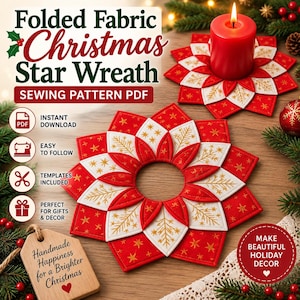 May include: A sewing pattern PDF for a folded fabric Christmas star wreath. The image displays a red and white star-shaped fabric mat with gold star and branch patterns, a red pillar candle, and a wooden tag with the text Handmade Happiness.