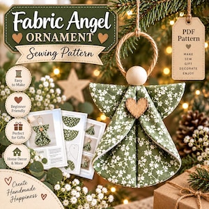 May include: A fabric angel ornament sewing pattern featuring a green floral fabric angel with a wooden bead head and a small wooden heart. The display includes printed instruction sheets, a PDF pattern tag, and text reading Fabric Angel Ornament.