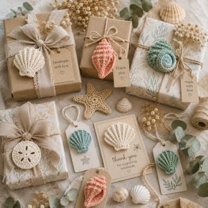 May include: A collection of gift-wrapped packages and gift tags decorated with crocheted seashells, starfish, and sand dollars. The items feature natural-toned paper, linen ribbons, dried flowers, and paper tags with printed text including thank you.