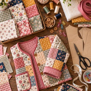 K&ouml;nnte beinhalten: Eine gesteppte Patchwork-Jacke mit Blumen- und Vichy-Karomuster in Rosa-, Gelb-, Blau- und Gr&uuml;nt&ouml;nen. Die Jacke hat einen Rundhalsausschnitt, drei braune Kn&ouml;pfe und zwei Vordertaschen, umgeben von N&auml;hzubeh&ouml;r und Stoffresten.