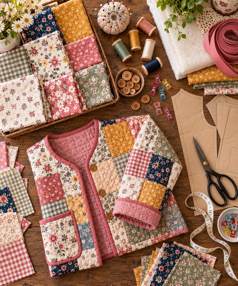 K&ouml;nnte beinhalten: Eine gesteppte Patchwork-Jacke mit Blumen- und Vichy-Karomuster in Rosa-, Gelb-, Blau- und Gr&uuml;nt&ouml;nen. Die Jacke hat einen Rundhalsausschnitt, drei braune Kn&ouml;pfe und zwei Vordertaschen, umgeben von N&auml;hzubeh&ouml;r und Stoffresten.