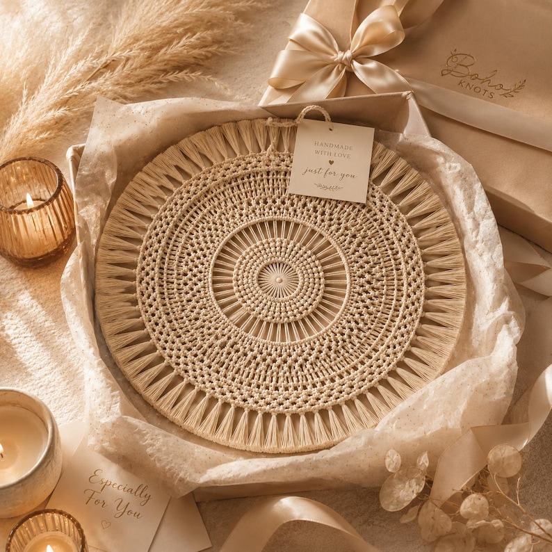 May include: A round, cream-colored macrame wall hanging with intricate knotted patterns and a fringed edge. A square tag attached to the top reads "HANDMADE WITH LOVE just for you". The item is nestled in tissue paper inside a gift box with a ribbon.