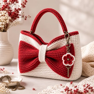 May include: A white and red crochet handbag featuring a large, prominent red bow on the front. The bag has a single red handle and a bronze-toned metal clasp attached to the side, which holds a small, matching red and white crocheted flower charm.