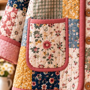 K&ouml;nnte beinhalten: Eine gesteppte Jacke mit einem Patchwork-Design aus verschiedenen Blumen- und Vichy-Karomustern in Rosa-, Blau-, Gr&uuml;n- und Gelbt&ouml;nen. Das Kleidungsst&uuml;ck verf&uuml;gt &uuml;ber eine gro&szlig;e Vordertasche, einen einfarbigen rosa Saum und runde braune Kn&ouml;pfe.