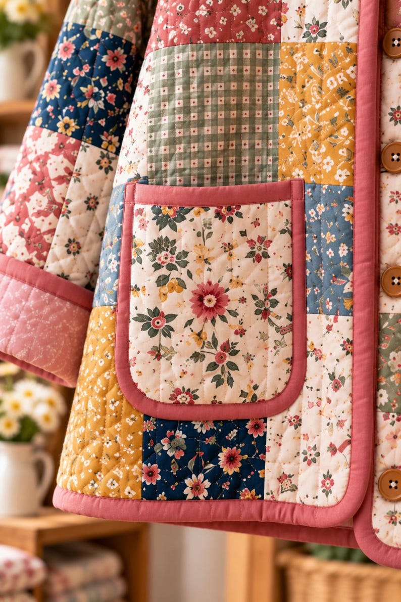 K&ouml;nnte beinhalten: Eine gesteppte Jacke mit einem Patchwork-Design aus verschiedenen Blumen- und Vichy-Karomustern in Rosa-, Blau-, Gr&uuml;n- und Gelbt&ouml;nen. Das Kleidungsst&uuml;ck verf&uuml;gt &uuml;ber eine gro&szlig;e Vordertasche, einen einfarbigen rosa Saum und runde braune Kn&ouml;pfe.
