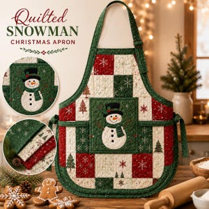May include: A quilted Christmas apron featuring a patchwork pattern of red, green, and white squares with snowflake and tree motifs. A central pocket displays a snowman wearing a black top hat and green scarf. Text reads Quilted Snowman Christmas Apron.