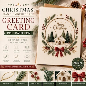 Puede incluir: Un patrón PDF de tarjeta de felicitación navideña bordada a mano con una escena invernal con una casa, pinos y un lazo rojo dentro de una corona circular. El texto incluye Christmas Hand Embroidered Greeting Card PDF Pattern y A6 10,5 x 14,8 cm.