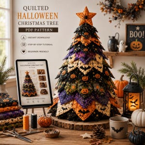 Może przedstawiać: Pikowany projekt choinki na Halloween z warstwowymi liśćmi z tkaniny w kolorach czarnym, pomarańczowym i fioletowym, z nadrukami dyń, nietoperzy i pajęczyn, zwieńczony gwiazdą i prezentowany z cyfrowym przewodnikiem po wzorach.