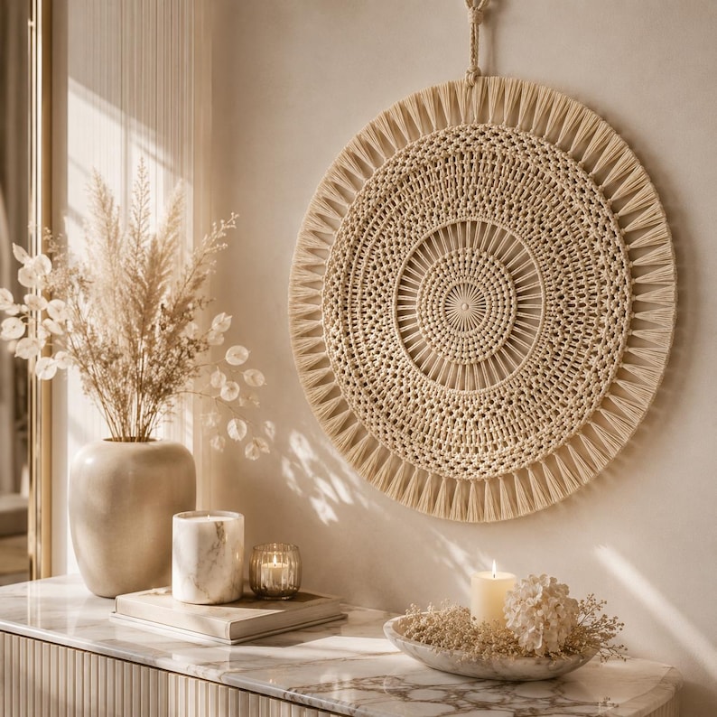 Mandala Wall Hanging Crochet Pattern PDF, Macrame Look Round Boho Wall Decor, Sunburst Fringe, US Terms, Beginner Friendly image 2