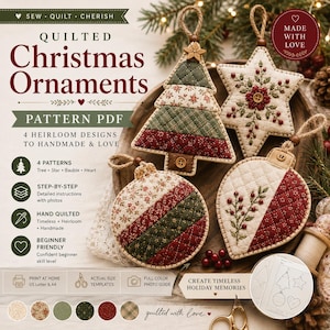 Mönster för quiltade julgransprydnader i PDF-format | Patchwork-julgransprydnader, stjärnor, julgranskulor och hjärtornament | Nedladdning av sömnadsmönster för tygrester