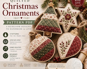 PDF-Schnittmuster für gesteppte Weihnachtsornamente | Patchwork-Weihnachtsbaum, Stern, Kugel & Herz | Nähvorlage aus Stoffresten zum Download