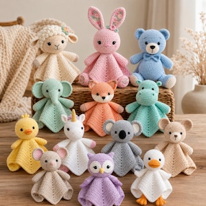 May include: A collection of twelve crocheted animal security blankets featuring a sheep, rabbit, bear, elephant, fox, hippo, chick, unicorn, koala, mouse, owl, and duck. Each plush toy has a soft, textured body with a unique animal head.
