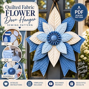 May include: A quilted fabric flower door hanger sewing pattern featuring a multi-layered blue and cream floral design. The image includes text, circular process insets showing cutting, sewing, and assembly steps, and a PDF download icon.